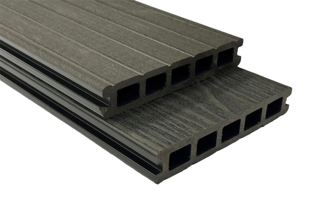 Tuda Grass Direct | 4.8m Composite Decking Boards WPC – Deep Embossed Woodgrain Effect | 8 Colours | Fixings & L-Shaped Edging Trims Included| (11 sqm | 16 Boards, Black)