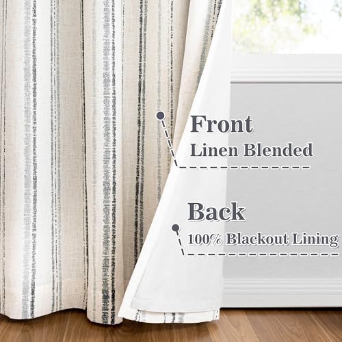 Image of MYSKY HOME Striped Curtains 100% Blackout 96 Inches Long Grey Ticking Stripe Pinstripe Patterned Linen Farmhouse Double Layer Thermal Insulated Drapes for Living Room, Grommet, 2 Panels, 52 inch Wide