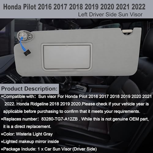 NHILES Left Driver Side Sun Visor Fits for Honda Pilot 2016-2022 Honda Ridgeline 2018-2020 Replacement Sun Shade # 83280-TG7-A12ZB (Wisteria Light Gray) by NHILES - Image 2