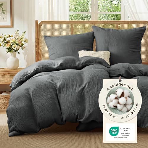 Image of BEDSURE Muslin Bed Linen 135 x 200 cm 4-Piece - Anthracite, 80 x 80 cm Pillowcases | 100% cotton bed linen sets, 2 duvet covers 135 x 200 cm and 2 pillowcases 80 x 80 cm, with zip, soft, breathable
