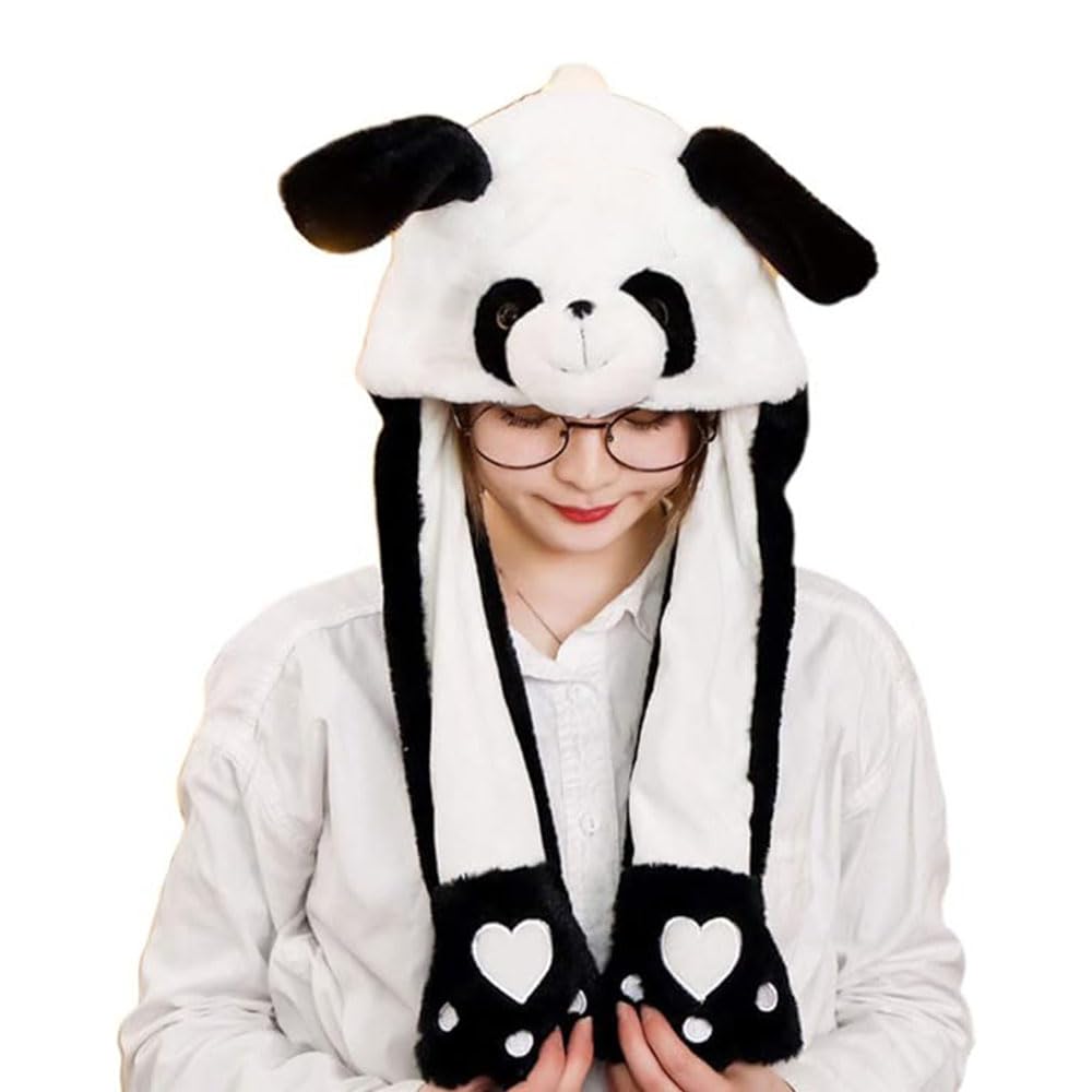 JZSPanda Hat with Ear Moving Jumping, Funny Cosplay Hat Cap for Girls,Cute Soft Plush Panda Headdress