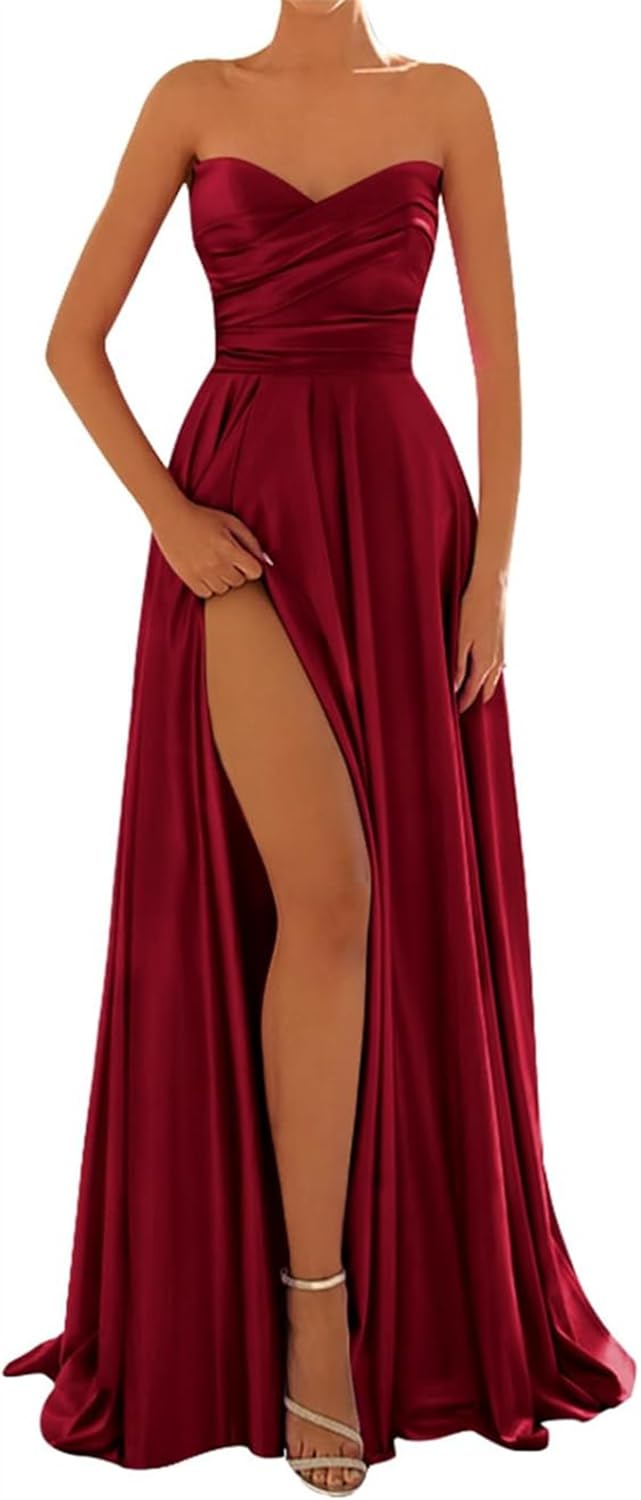 Hppee Women's Burgundy Bridesmaid Dresses For Wedding Party With Slit Strapless Corset A Line Long Formal Party Dress Uk12