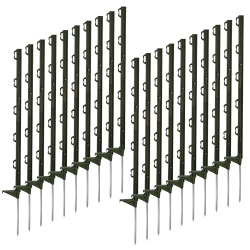 Ellofence Piquet de clôture électrique avec pointe galvanisée (20x) – Piquet robuste avec repose-pied et 5 œillets pour fil, corde et ruban – Poteau...