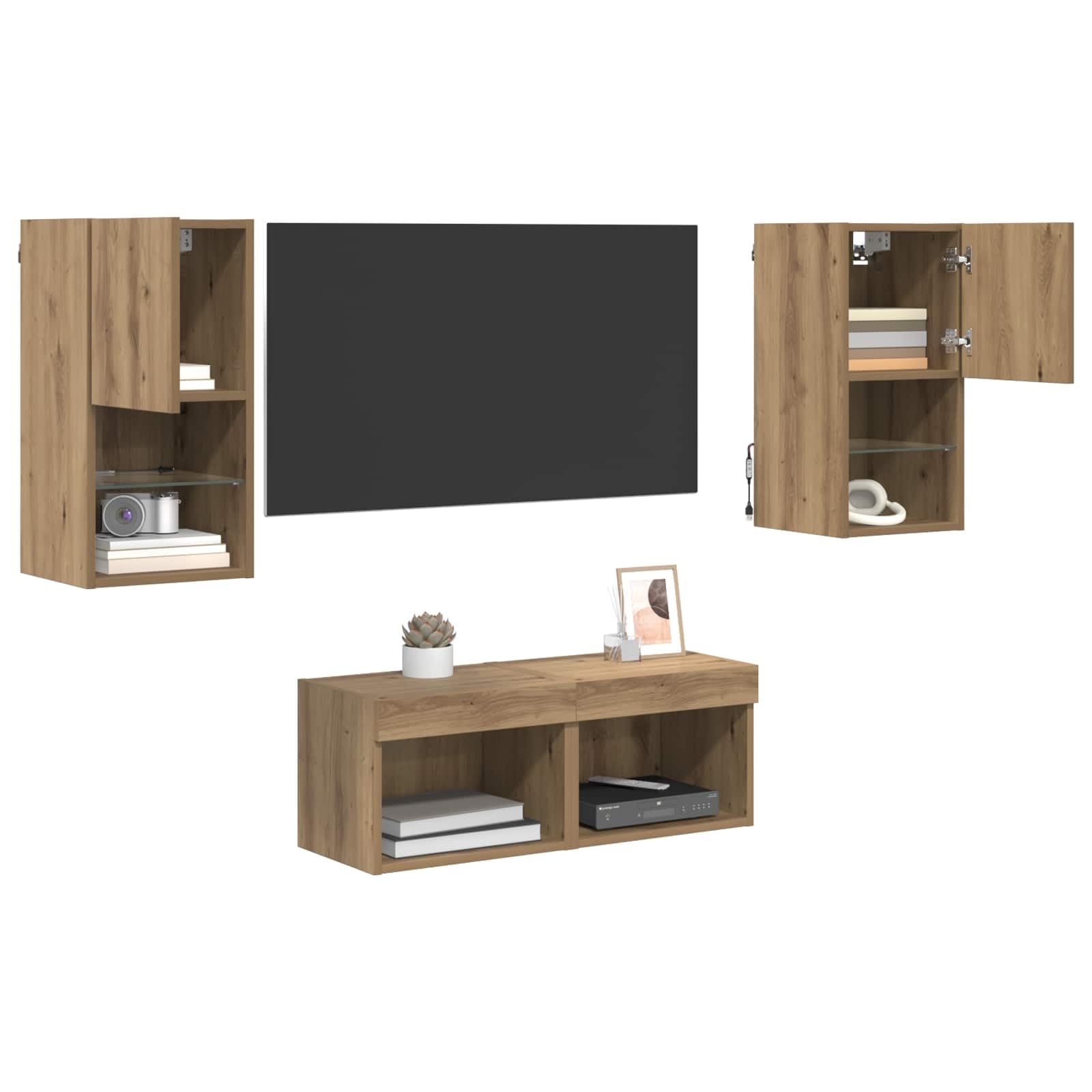 Regał ścienny do telewizora, 4 sztuki, dąb Artisan, materiał drewnopochodny, montaż ścienny, nowoczesny design, miejsce do przechowywania z oświetleniem i szklanymi otworami do salonu, kina
