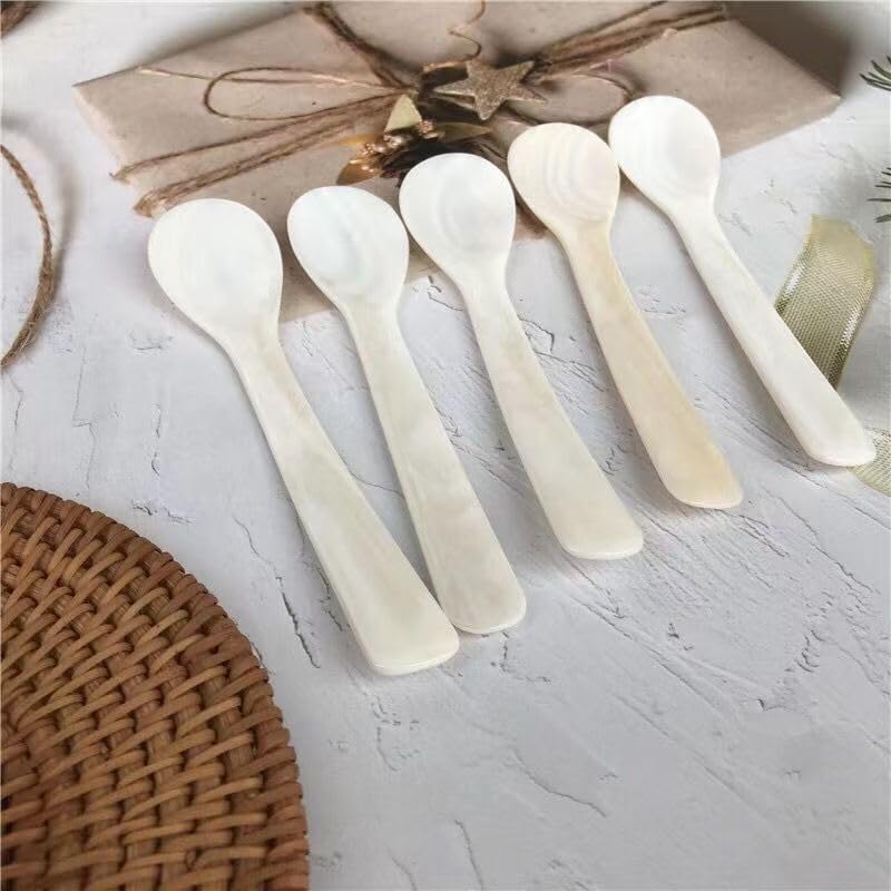 Miniatura 7 de Juego de 2 cucharas de madreperla para servir caviar artesanal, cucharas de caviar con caja de almacenamiento, cuchara pequeña con mango redondo