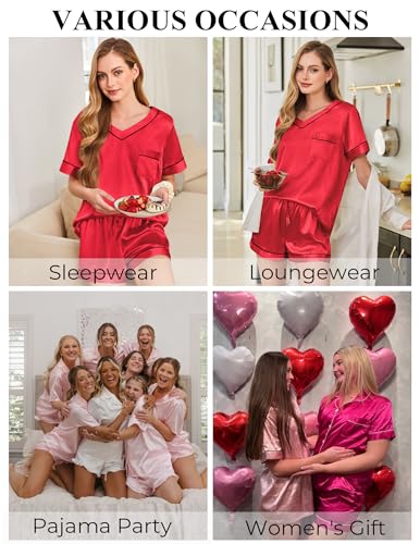 Image of Silk Pajamas for Women Short Sleeve Satin 2 Piece Pj Set Soft V Neck Sleepwear Loungewear, S-XXL