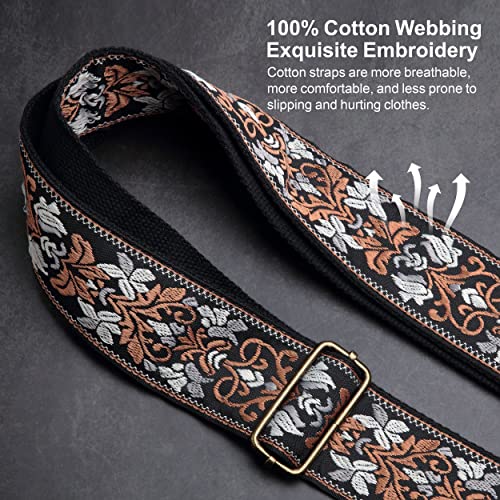 Image of Nefelibata Guitar Strap,Jacquard Embroidery Cotton Guitar Straps with Crazy Horse Leather Ends for Bass, Electric & Acoustic, Best Gifts for Kids, Guitarists(Retro Brown Flower)