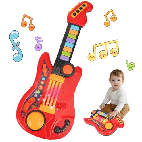 Kids Guitar Toy for 3 Year Old Boy Birthday Gift 2-in-1 Electric Guitars & Piano for Toddlers 2-4 Light Up Music Toys for 3 4 5 Year Old Boys Girls Gifts