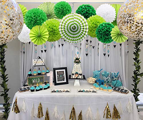 Image of ADLKGG Green St Patricks Day Party Decorations, Hanging Round Paper Fans Pom Poms Flowers for Graduation Wedding Bridal Shower, Golf Themed Birthday, Fiesta Party Indoor Outdoor Accessories
