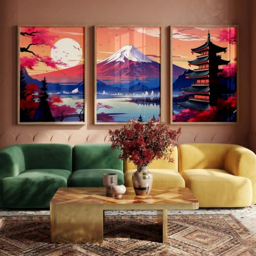 Image of kotart Big Aesthetic Mount Fuji Wall Art Paintings | Mountain Landscape Framed Painting | Nature Art Vastu Frames for Living Room Bedroom Wall Decor Set Of 3 (14x20 Inch)