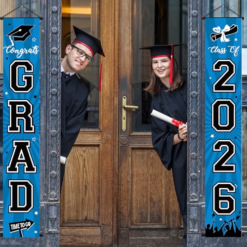 Image of Graduation Banner 2026 Graduation Decorations Blue and Black Grad Banner Porch Sign Class of 2026 Door Decor Congrats Hanging Backdrop Blue Grad Party Decor for School Congratulations Supplies