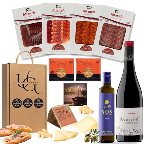 UNIVERSO GOURMET | Cesta Gourmet para Regalar | Vino DO.Ribera | Aceite Oliva Virgen Extra | Embutidos Ibericos Bellota | Paleta Ibérica y Queso Curado | Pate Pedro Ximenez y Picos Pan Artesanos