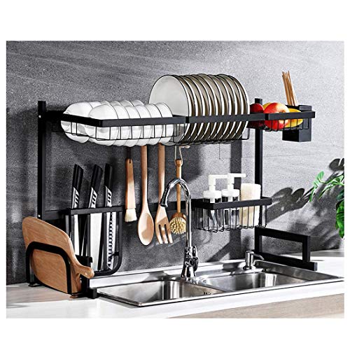 Küchengeschirrregal 65 cm Geschirrregal Spülbecken Abtropffläche Edelstahl, Edelstahl und Herdlack, Schwarz, 85 cm