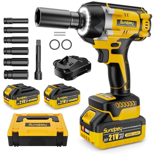 Sundpey Cle a Choc Sans Fil Brushless 700 Nm, 21V Boulonneuse a Choc avec 2 Batteries 4,0Ah & 6 Douilles a Choc & Anneau LED & Chargeur, 3200RPM 1/2