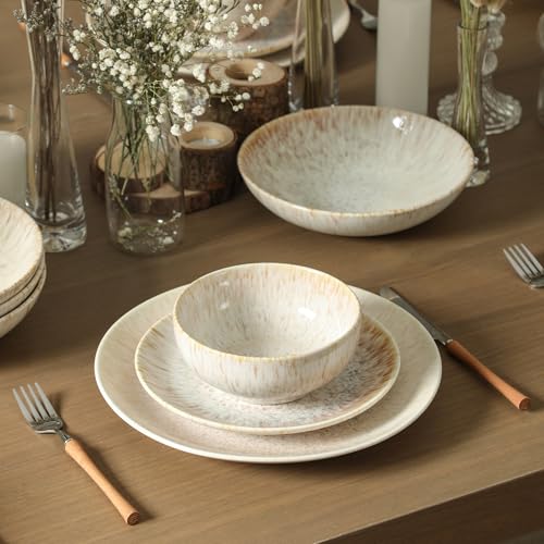 Image of Stone Lain Riley 16-Piece Dinnerware Set Stoneware, Plates and Bowls Set, Dishwasher and Microwave Safe, Dish Set for 4, Sand
