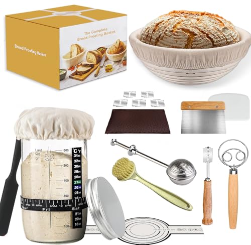 Kit de Inicio Lubsmuns para Levadura Madre, Incluye Cesta de Fermentación Banneton Redonda, Frasco para Levadura Madre, Cuchilla para Pan, Raspador de Masa, Batidora de Masa y Portapan en Silicona