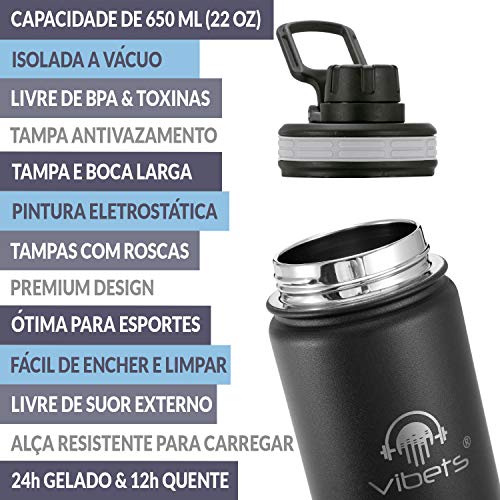 Garrafa Sport Vibets Hydro USA Squeeze Térmico Parede Dupla Isolado a Vácuo 650 ml (Preto/Cinza)