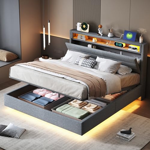 LAKFEW Cama 140x200 cm Flotante Camas Juveniles con Luz LED y USB, Cama Matrimonio Tapizada con Almacenaje en Cabecero y Almacenamiento Hidráulico, Estructura Metálica, Gris, Sin Colchón