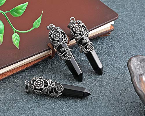 Top Plaza Antique Silver Flower Wrapped Natural Black Agate Healing Crystal Necklace3