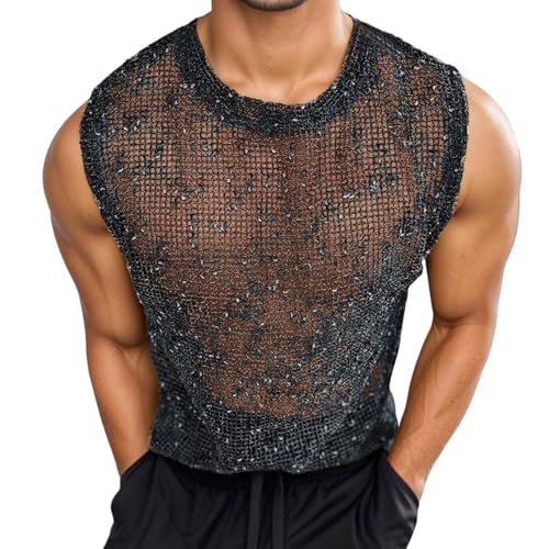 Celanisai Débardeur à Paillettes pour Homme, T-Shirts Brillants, Maillot de Musculation en Réseau, Glitzer Transparent, Maillot de Musculation Transparent,...