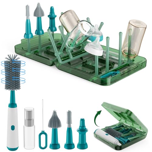 Image of Electric Bottle Brush Cleaner with Drying Rack, Baby Bottle Brush with Straw Brush, Nipple Brush, Extendable Handle, Soap Dispenser, Travel Bottle Cleaner Portable Baby Essential (Green)