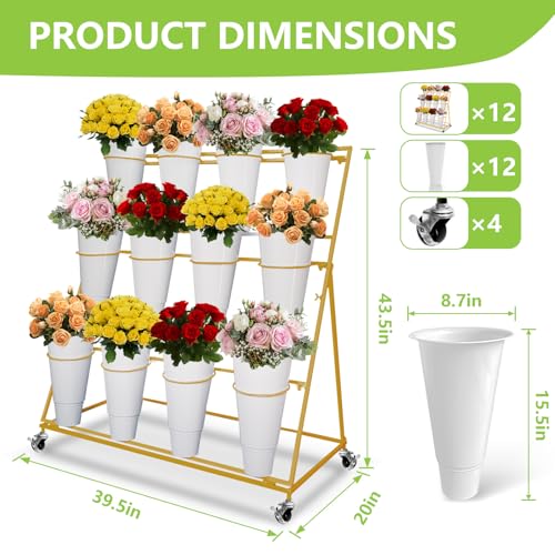 Présentoir à fleurs robuste avec chariot à 3 niveaux et structure métallique noire