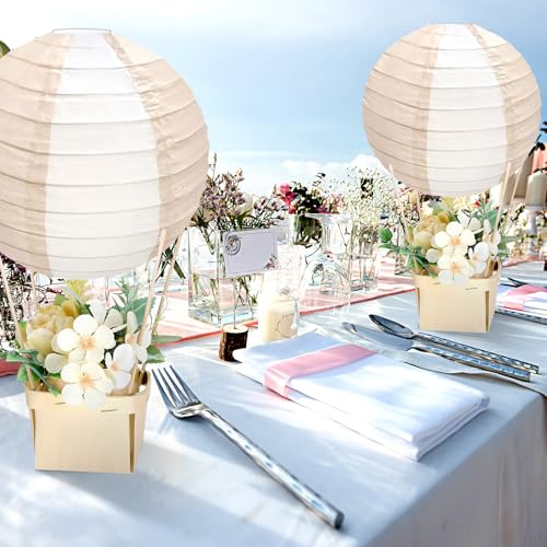 Image of Retisee 12 Sets Baby Shower Hot Air Balloon Table Centerpieces Nude Striped Paper Lanterns Woven Baskets with Sticks for DIY Gender Reveal Birthday Baby Shower Wedding Decor, 7.87 Inch