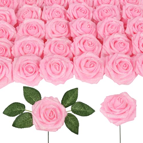IPOPU 30PCS Light Pink Glitter Roses Artificial Flowers 3.15 Faux Sparkling Roses with Stems for DIY Bridal Wedding Bouquet Christmas Party Home Decor