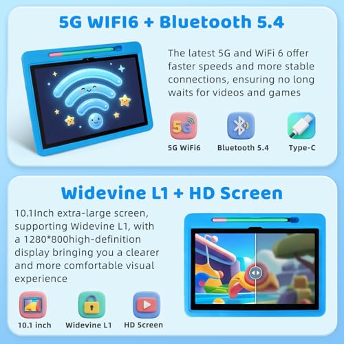 Image of 2026 Upgraded Android 16 Kids Tablet, 10 inch Tablet for Kids with 20GB RAM 64GB ROM 1TB Expand, 6000 mAh Battery, Parental Control, UKIDOZ Kids Space, Widevine L1 HD, Protective Case Pen（Blue）