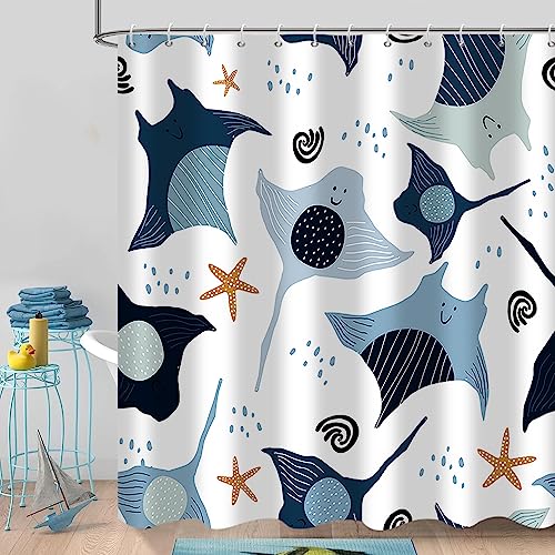 Image of GCIREC Kid Cute Shower Curtain, Blue Cartoon Manta Ray Starfish Printing Summer Bathroom Curtain Home Decor Waterproof Fabric Machine Washable with 12 Hooks