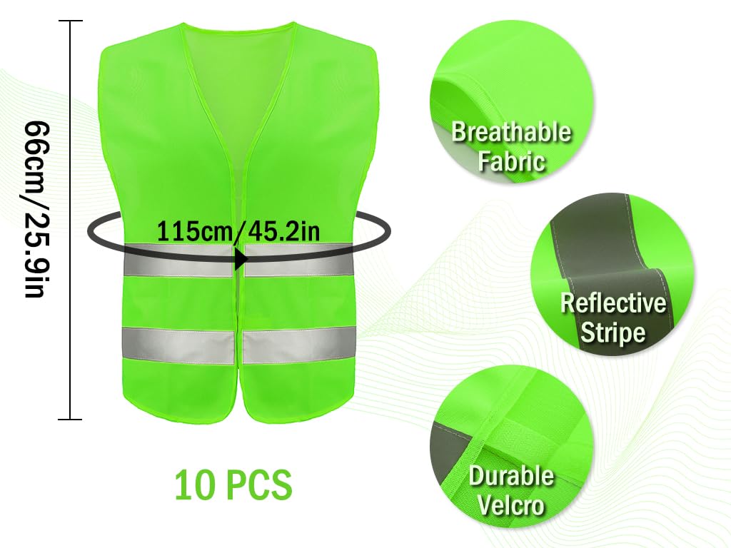 10PCS Gilet de Sécurité, Gilet de Sécurité Réfléchissant, Gilet de Sécurité Haute Visibilité, Gilet Réfléchissant,Gilet Réfléchissant de Voiture, pour Conducteurs Travailleurs Unisexe (Vert)