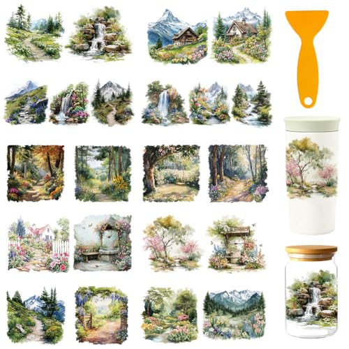 GOMAKERER Lot de 10 feuilles d'autocollants imperméables pour gobelets en verre, meubles - 22 styles de montagnes printanières