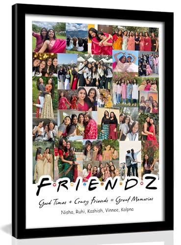 Image of Personalized FRIENDZ Collage Multiple Pictures Photo Frame | Large Portrait Layout for Friends, Girls, Cousins & School Memories | Customised Aesthetic Gift for Birthday, Farewell & Anniversary | Glare-Free Laminated Wooden Frame | Sizes - A4 /A3
