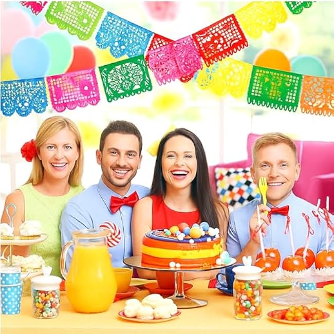 4 Packs Mexican Party Banner 60 Feet Fiesta Plastic Papel Picado Banner Cinco de Mayo Dia De Los Muertos Decor Day of The Dead Decorations Mexican Fiesta Themed Party Decorations Supplies