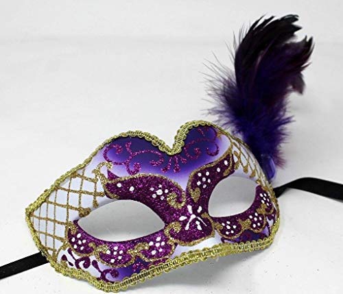 LADIES PURPLE & GOLD VENETIAN MASQUERADE HALLOWEEN CARNIVAL PARTY EYE BALL FEATHER MASK, Purple Gold, 7.5cm Deep