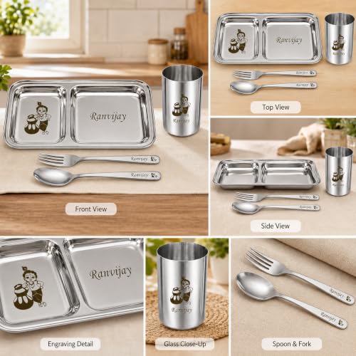 Image of SAVRI Personalized Stainless Steel Two-Compartment Dinner Plate Set - Customized Name & Cartoon Engraved - Partition Plate with Spoon & Fork - Custom Kids Plate for Kids, School, Mess & Return Gifts