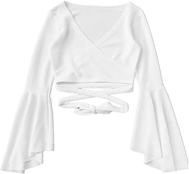 Floerns Women's Belt Sleeve Wrap Crop Top Blouse White