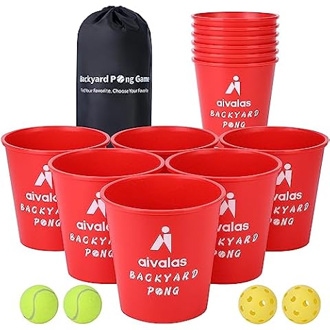 Aivalas Yard Pong Outdoor Games Set, Giant Yard Pong Game for Adults and Family with 12 Buckets, 4 Balls and a Carrying Bag, Giant Pong for Beach, Camping, Lawn and Backyard Cover