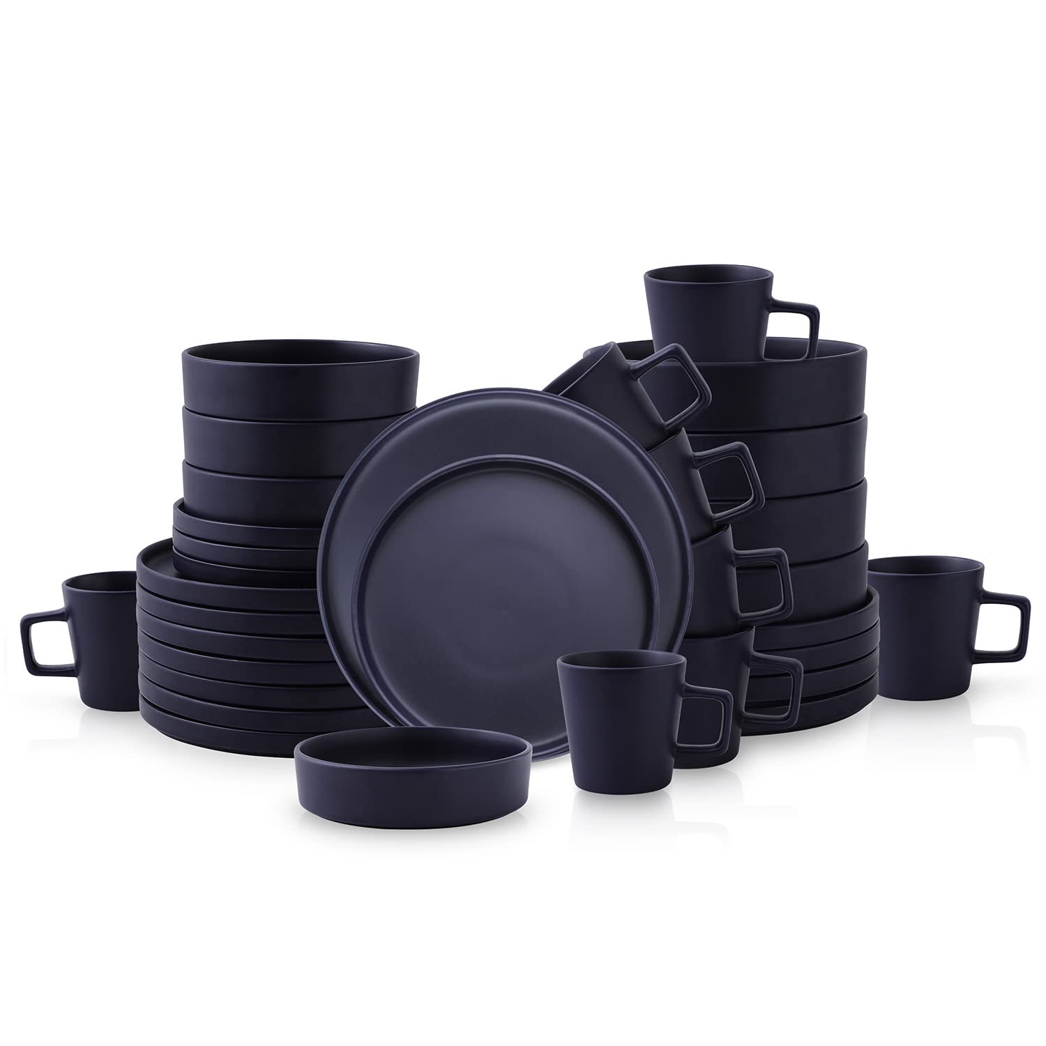 Stone Lain Cleo Stoneware 32-Piece Modern Dinnerware Set, Plates and Bowls, Dark Blue, Service for 8, Microwave &amp; Dishwasher Safe