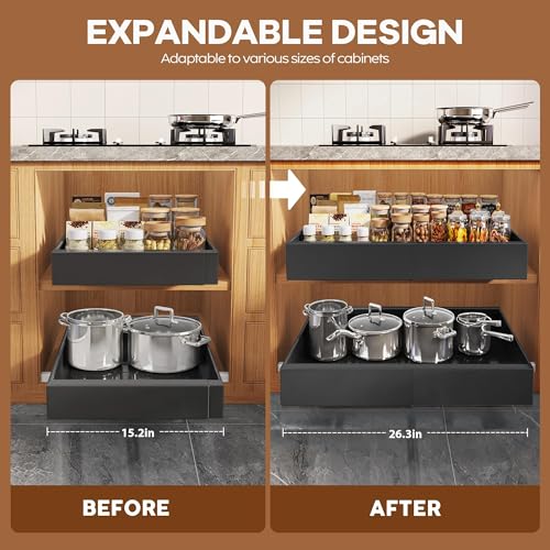 4 Pack Expandable Width (15.15"-26.3") Pull Out Cabinet Organizer 21" Deep with Raising Pad for Framed Cabinets, Upgrade 3 Slide Rails Slide Out Drawers, Roll Out Shelves Adhesive, Black