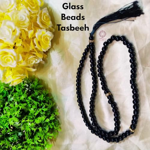 Image of Prayer Islamic Glass Beads Tasbih, Strong Tassel, Salat Prayer Tasbeeh Glass 100 Beads (Black) For Unisex Adult Jaap Mala (Pack of 2)