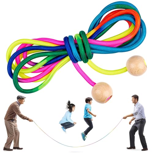 Springseil für Mehrspieler, 5 Meter Seilspringen Kind, Langes Mehrspringer mit Hölzerner Kugelgriff, Gruppen Springseil für Kinder und Erwachsene