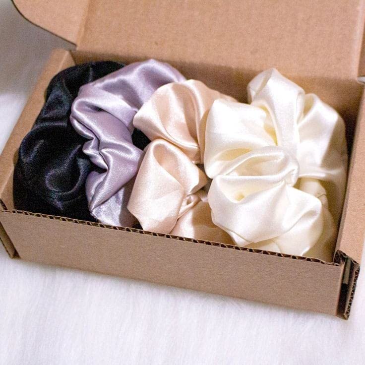 Image of Atrube Silk Hair Scrunchies For Women Girls Combo Of 4, Elastic Silk Ponytail Holders For Thick Or Thin Hair, Satin Scrunchies Hair Accessories, Multicolor