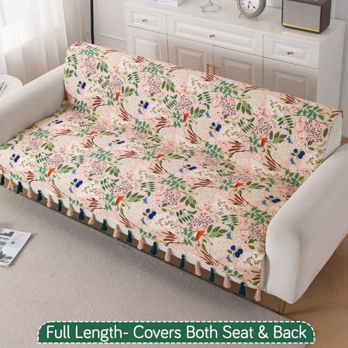 Image of HOKIPO Sofa Cover with Tassel for 3 Seater Sofa | Full Protection for Seat and Back | Printed Holland Velvet Fabric | 'Whispers of Nature' (160x175 cm), Beige Woodland Bloom (IN-1127-D4)