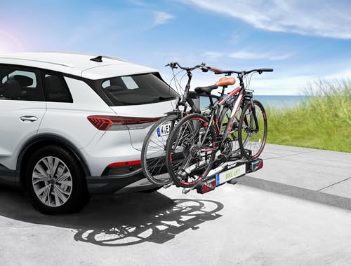 EUFAB 11554 Fahrradträger Bike Lift, E-Bike geeignet, komplett vormontiert, elektrische Absenkung, Diebstahlschutz, für 2 Fahrräder, für Anhängerkupplung, 2025 mit Strap-Rahmenhaltern