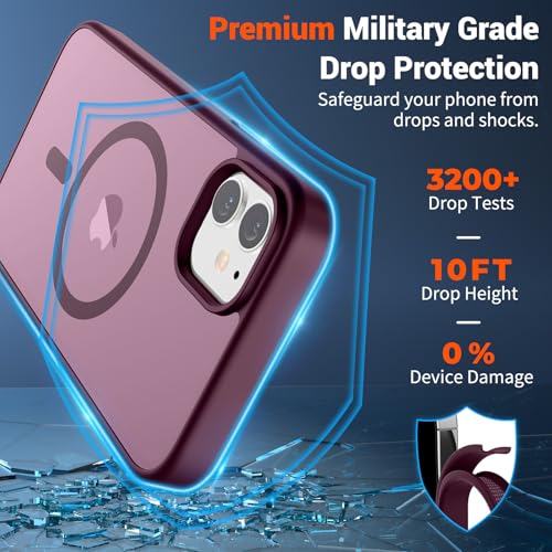 Image of SUPFINE Magnetic for iPhone 12 Mini Case & iPhone 13 Mini Case with Screen Protector (Compatible with MagSafe) (Military Grade Drop Protection) Translucent Matte Shockproof Phone Cover,Wine Red
