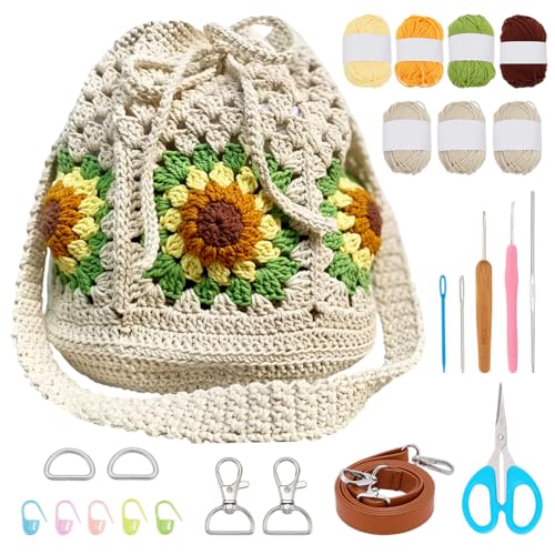 WEBEEDY Bolsa de crochê quadrada DIY para iniciantes, kit de crochê fácil com tutoriais em vídeo e fios, gancho, acessórios para adultos, Natal, férias, artesanal, verão, praia, presente