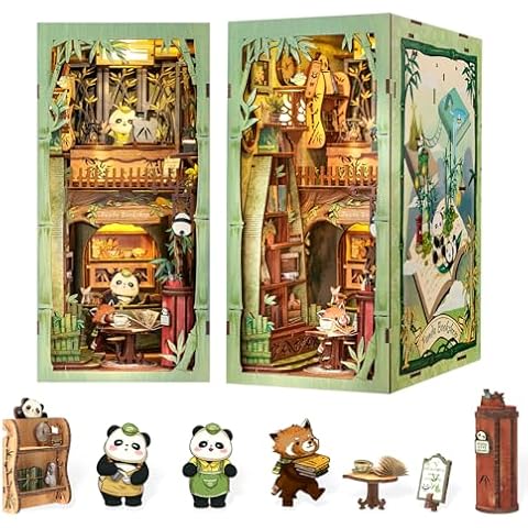 Fsolis Book Nook Kits, DIY Miniature House Kit Wood Puzzle Bookends Booknooks Bookshelf Alley Decor for Women Teenagers Puzzle Lovers（Panda Bookshop） Cover