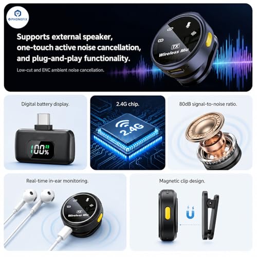 Image of EMBOX Mic Wireless with Type-C & Lightning, Wireless Dual Mic for YouTube Recording, 2.4GHz Wireless Microphone with Noise Cancellation, 20m Range, 6H Battery, Magnetic Clip (Q8)