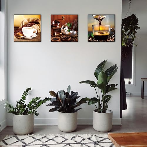 BERLIG Glasbilder Set 3er 30x30 cm Sicherheitsglas – Moderne Wandbilder für Wohnzimmer, Küche & Bad – Sonnenuntergang, Strand, Kaffee & Spa – inkl. Geschenkbox